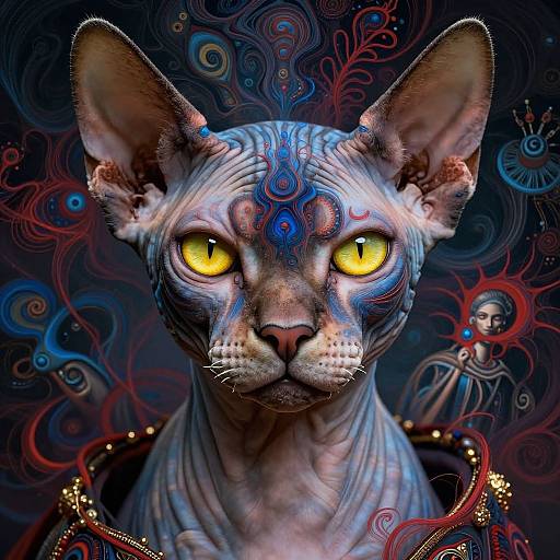Digital artwork of a blue-patterned, large-eared cat with glowing yellow eyes, set against a swirling, abstract background with red and blue patterns.