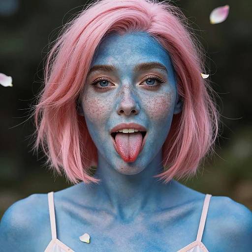 Photograph of a woman with blue face paint, pink bob haircut, sticking out her tongue, wearing a white spaghetti strap top.