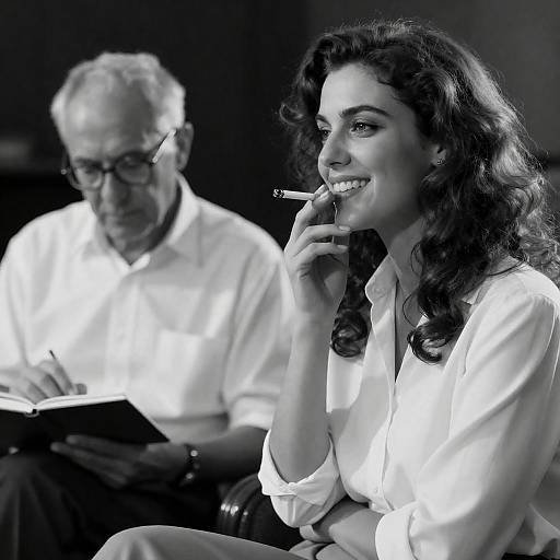 Black and White Portrait of Woman Smoking and Elderly Man Writing