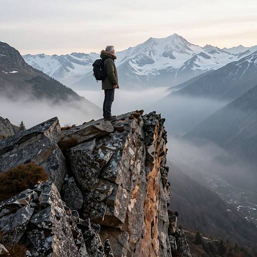 Elderly Hiker on Misty Alpine Outcrop