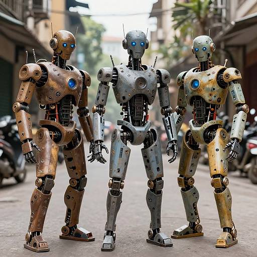 Photograph of three metallic robots with blue glowing eyes, standing in a narrow, urban street. Robots are gold, silver, and a mix, with