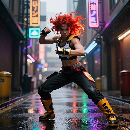 Photograph-style digital art of a fierce, red-haired woman in a black crop top, gloves, and yellow boots, fighting stance on a neon-l