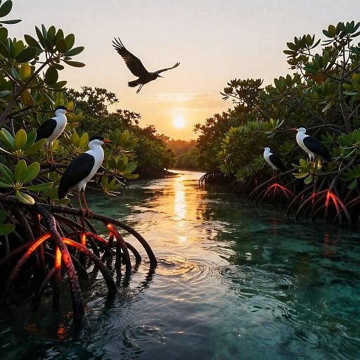 Tropical birds on glowing mangrove roots at sunset