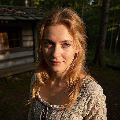 Photograph of a smiling young woman with light blonde hair, wearing a white lace blouse, bathed in sunlight, standing in front of a wooden cabin