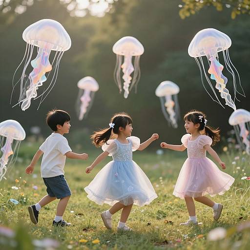 Photograph of two Asian girls in white and pink dresses and a boy in a white shirt and blue shorts, running in a sunlit meadow with