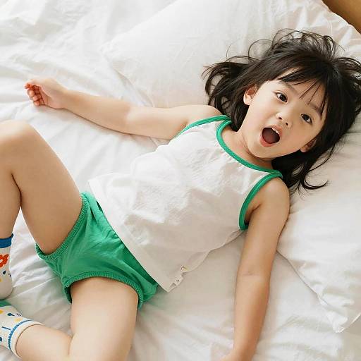 Young girl lying on bed in white and green outfit