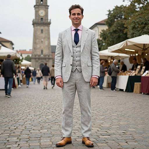 Photograph of a handsome man in a light gray suit, white shirt, blue tie, and brown shoes, standing in a cobblestone marketplace with