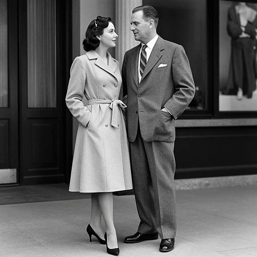 Black-and-white photo of a 1950s couple; woman in belted coat and heels, man in suit with tie, standing outside.
