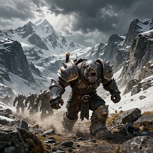 Digital artwork of a fierce, armored bear warrior with spiked shoulder plates, charging through a snowy mountainous landscape with other warriors behind. Sunlight breaks through