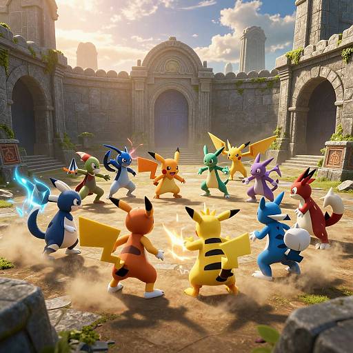 Digital CGI image of Pokémon battling in a sunlit, ancient stone courtyard with arches and statues, surrounded by a bright, cloudy sky.