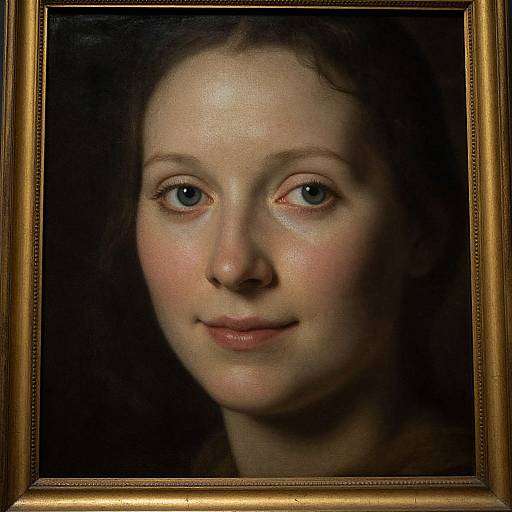 Photorealistic oil painting of a young woman with fair skin, blue eyes, and soft smile, framed in ornate gold, against dark background.