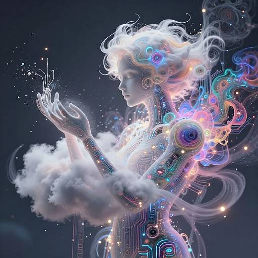 Digital art: Glowing, ethereal woman with cybernetic features, colorful circuits, and swirling clouds, holding light in her hands against a dark