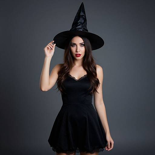 Photograph of a pale-skinned woman with long brown hair, wearing a black witch hat and lace-trimmed black dress, standing against a dark