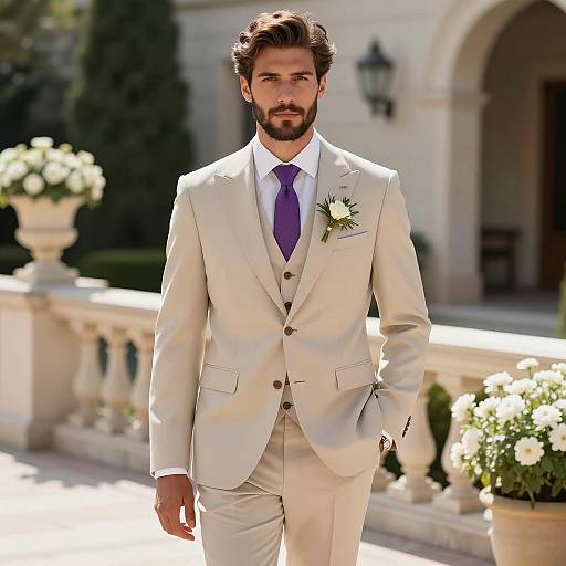 Man in Beige Three-Piece Suit at Outdoor Wedding