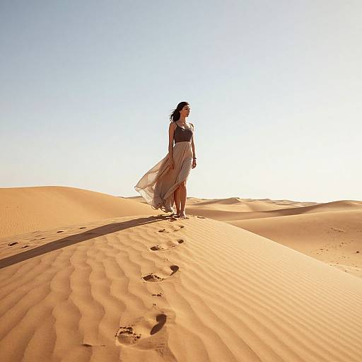 Photograph of a woman in a flowing, patterned dress standing on sunlit, rippled sand dunes with clear blue sky, casting shadows,