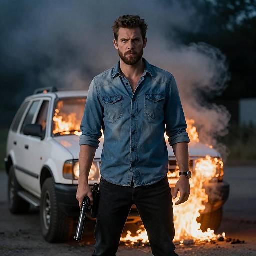 Man Standing with Gun in Front of Burning SUV