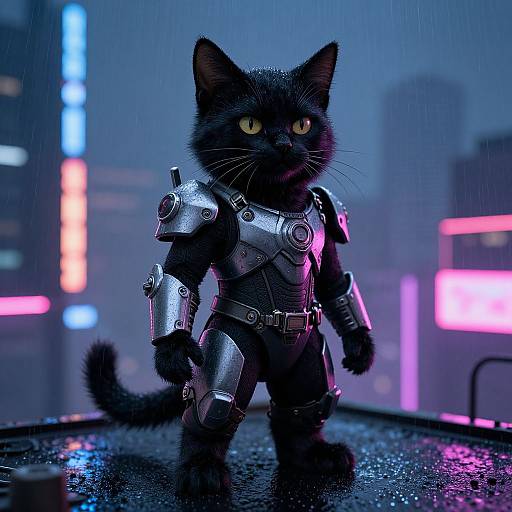 Photorealistic CGI of a black cat with glowing yellow eyes, wearing silver sci-fi armor, standing on a wet, reflective surface in a neon-l