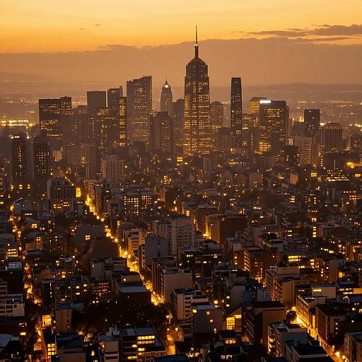 Photograph of a city skyline at sunset, featuring lit buildings with yellow and orange lights, silhouetted against a warm, orange sky. The