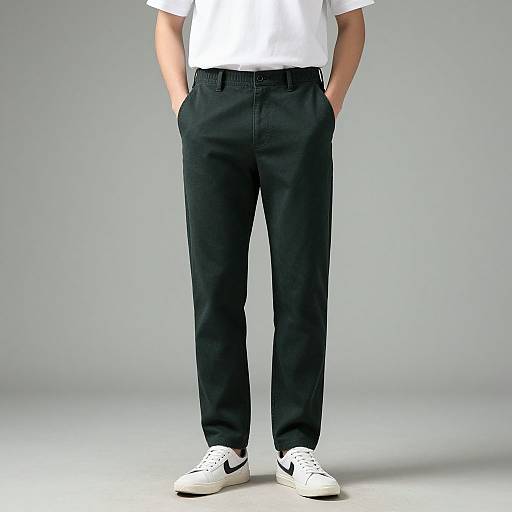 Photograph of a person wearing a white shirt, black pants, and white sneakers with black Nike logo, standing against a gray background.