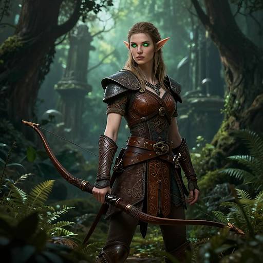 Digital fantasy art of a green-eyed, pointy-eared elf warrior with brown leather armor, holding a bow in a dense, misty forest.