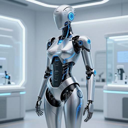 Photorealistic CGI of a sleek, silver female humanoid robot with blue glowing accents standing in a modern, brightly lit laboratory.