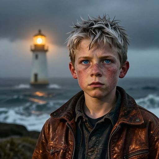 Photograph of a young boy with dirty blond hair, blue eyes, and a bruised face, wearing a brown leather jacket, standing in front of