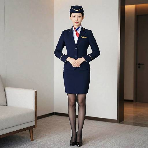 Flight Attendant in Blue Uniform