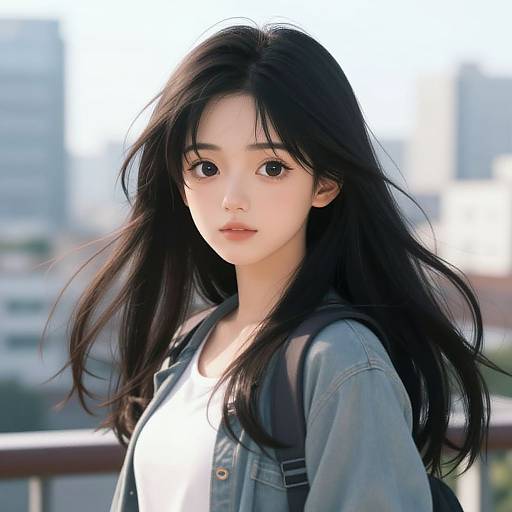 Digital anime-style portrait of an East Asian woman with long black hair, wearing a denim jacket and white top, standing against a blurred urban background. Soft