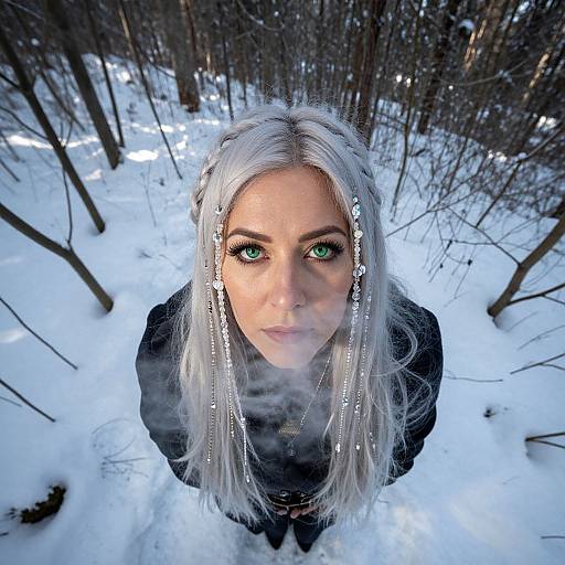Photograph of a woman with silver hair, green eyes, and intricate hair beads, looking up from a snowy forest. She wears a black coat,