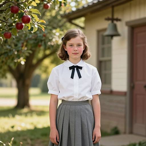 Photograph of a young girl with brown hair, wearing a white blouse and gray pleated skirt, standing in front of an apple tree and rustic building
