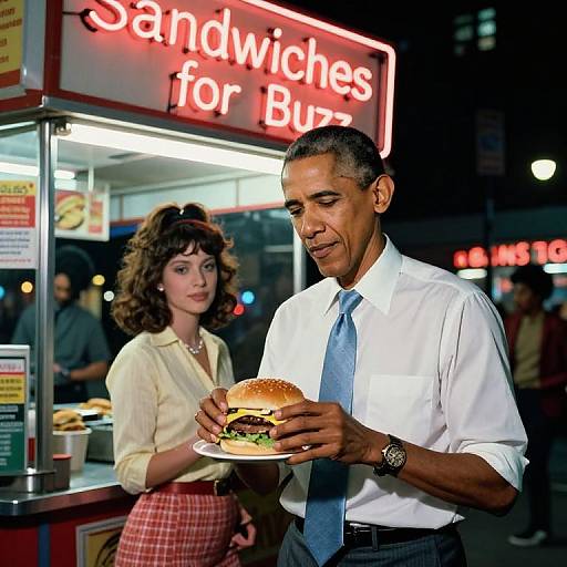 Barack Obama Selling Burger at Night Fast-Food Stall