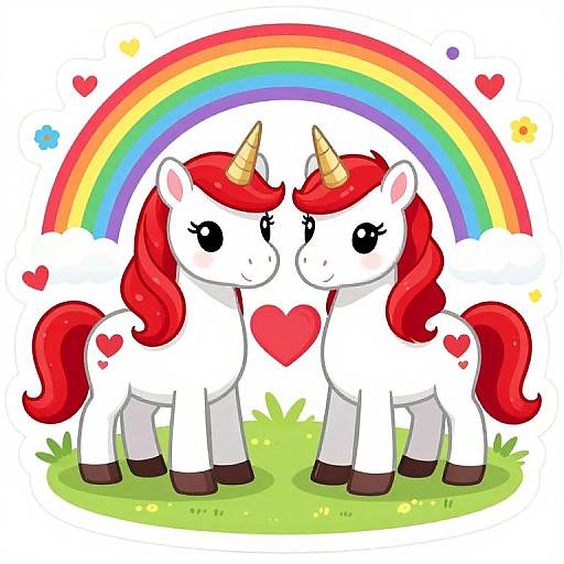 Digital drawing of two cute white unicorns with red manes and tails, standing on green grass, under a rainbow with hearts and stars. Both unic