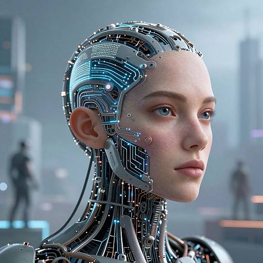 CGI image of a young woman with a cybernetic head, featuring intricate blue and silver circuitry, in a futuristic lab.
