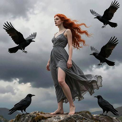 Photograph of a red-haired woman in a flowing gray dress standing barefoot on a rock, surrounded by black crows flying. Dark, cloudy sky