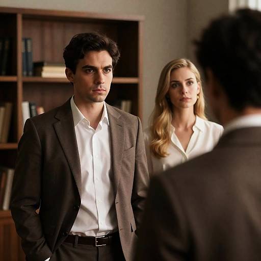Three People in Professional Attire in Dimly Lit Room