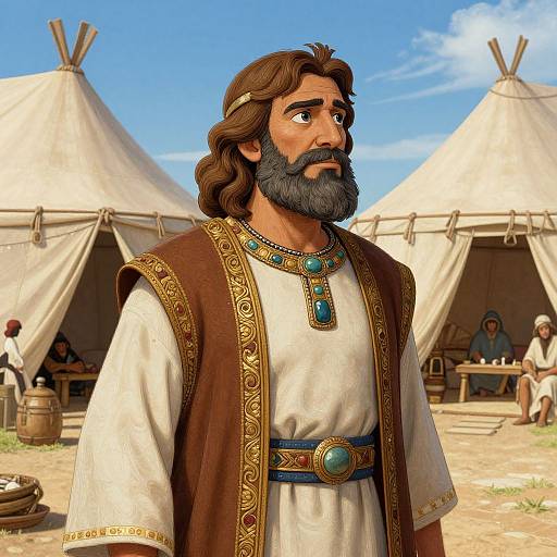 Digital illustration of a bearded, brown-haired Jesus with blue gemstone necklace, brown vest over white tunic, standing in front of white tents under