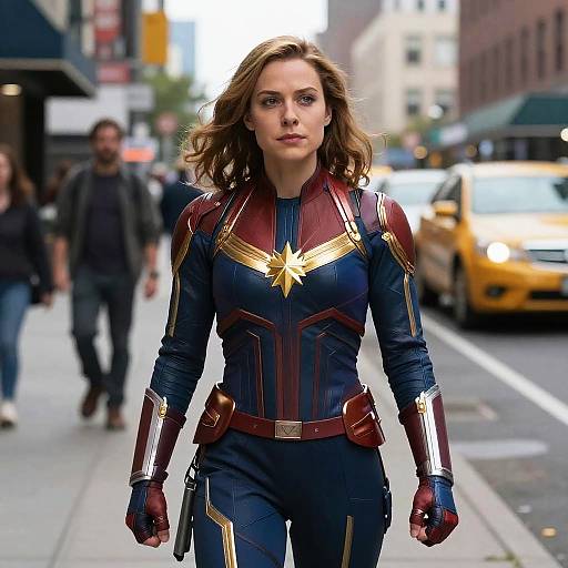 Woman in Captain Marvel Costume on City Street