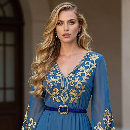 Blonde Woman in Blue Embroidered Dress