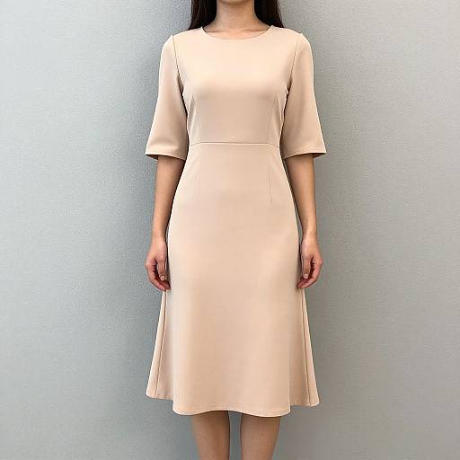 Photograph of an Asian woman with long black hair, wearing a plain, short-sleeved, knee-length, beige dress, standing against a plain