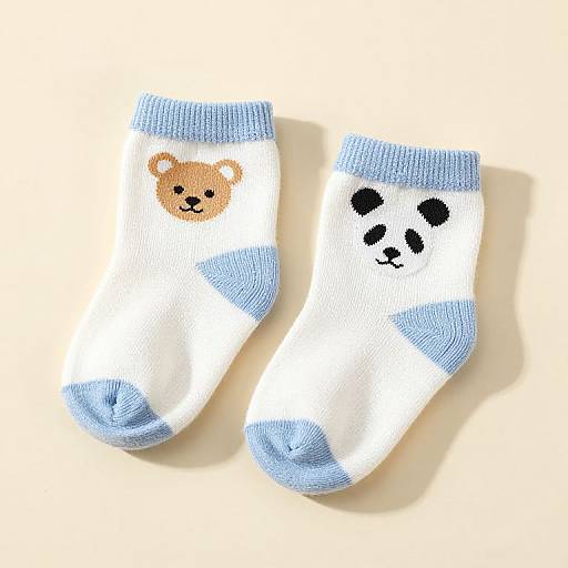 Photograph of white socks with light blue cuffs and toes, featuring a cute brown bear and black panda face designs.