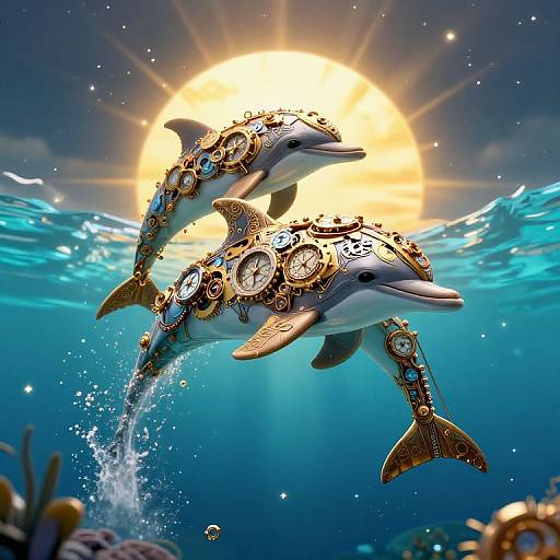 Clockwork Dolphins in Starry Ocean