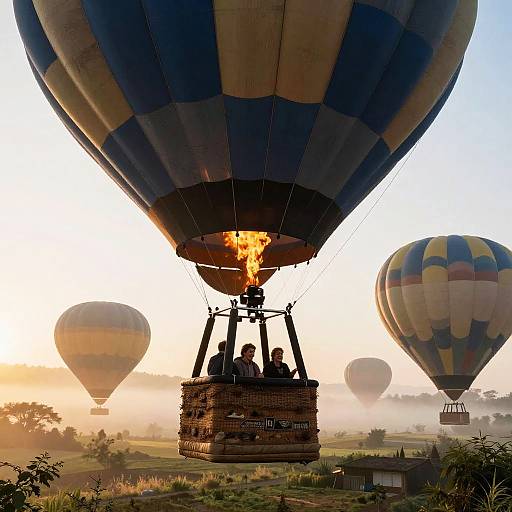 Hot Air Balloons at Sunrise Over Misty Countryside