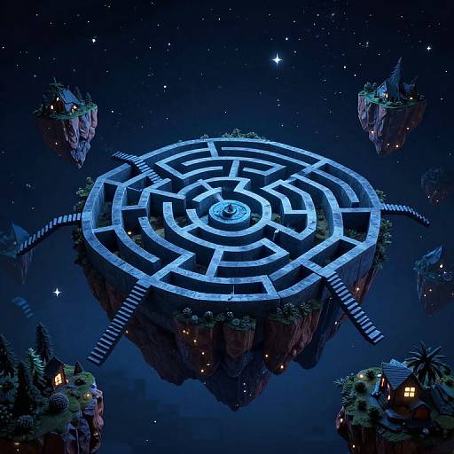 Digital artwork of a glowing, circular maze floating in a starry night sky, surrounded by floating islands with tiny houses.