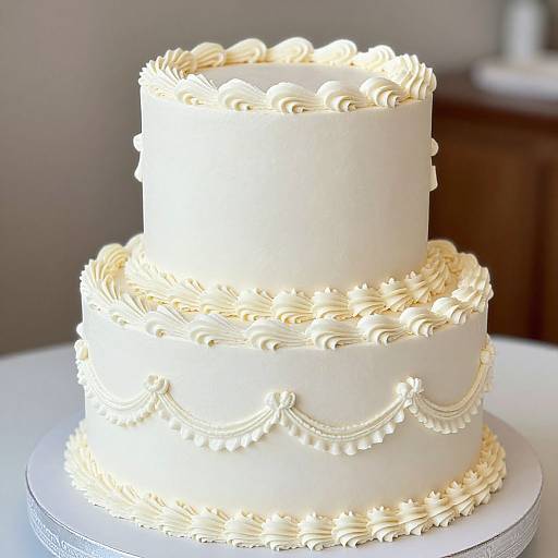 Photograph of a three-tiered, white wedding cake with intricate, piped buttercream rosettes and garland decorations, set on a white