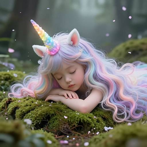Digital artwork of a sleeping, pastel-haired unicorn girl with a colorful horn, lying on mossy forest floor, surrounded by glowing petals.