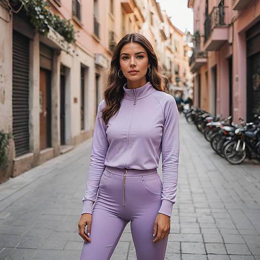 Woman Wearing Lilac Athleisure in Mediterranean Street