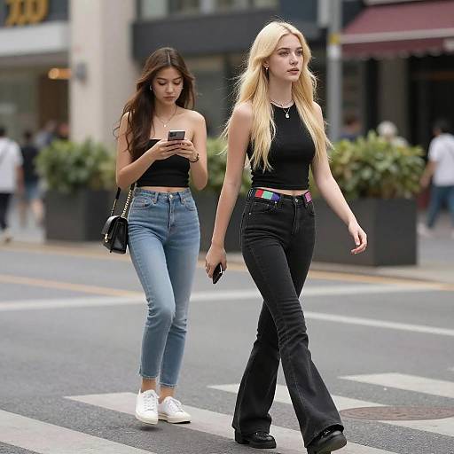Urban Street Walk with Two Women