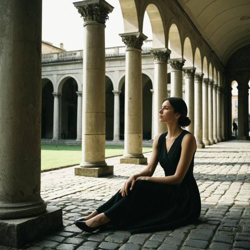 Woman Sitting in Historic Arched Cloister