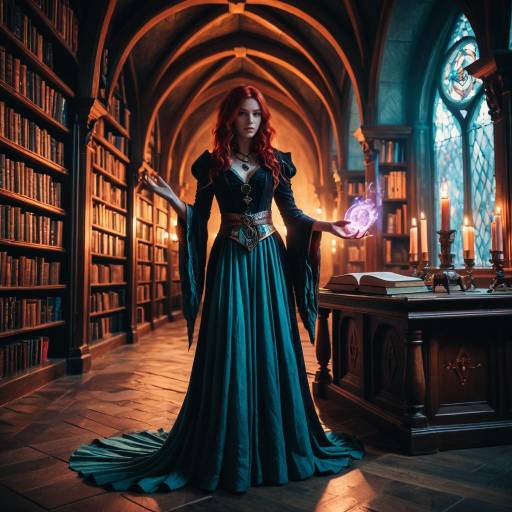 Fantasy Sorceress in Enchanted Library