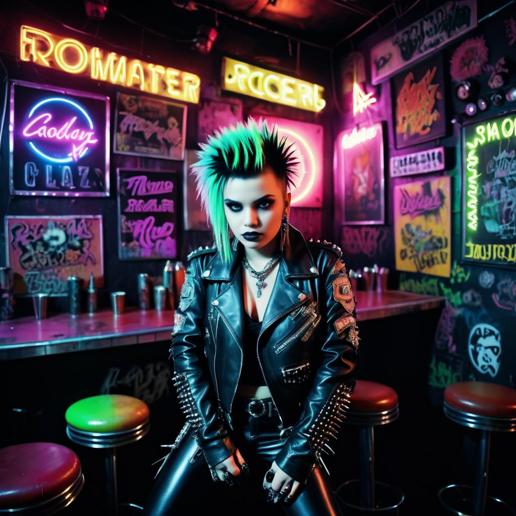 Edgy Punk Rock Vibes in Neon Bar